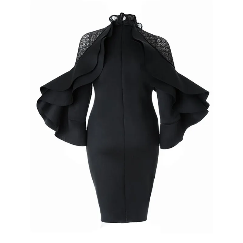 Elegant Long Sleeve Ruffles Black Large Size Bodycon Dress