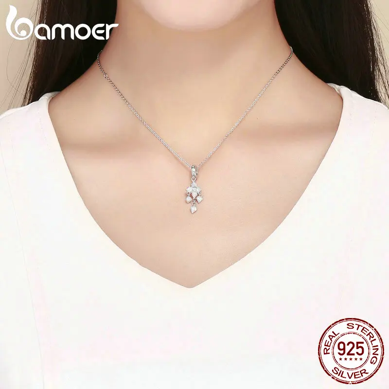 BAMOER Romantische 925 Sterling Silber Weiß Orchidee Clover Blume Charms Anhänger fit Original Armbänder Halsketten Schmuck BSC024