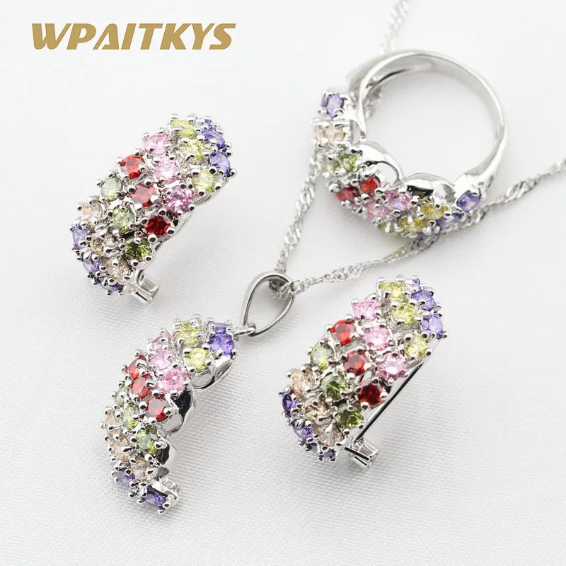 

Multicolor Stones Silver Color Jewelry Sets Necklace Pendant Hoop Earrings Rings For Women Free Gift Box
