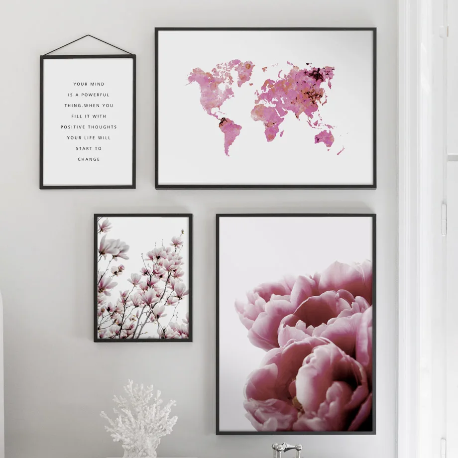 

Wall Art Canvas Painting Pink Peach Blossom World Map Nordic Posters And Prints Decoration Wall Pictures For Living Room Salon