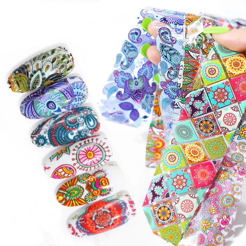 

10pcs Nail Foils Set Paisley Flower Colorful Nail Foils Starry Paper Transfer Sticker Wraps Manicure Nail Art Decals 4*20cm