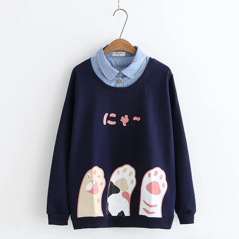  2019 Spring New Denim Collar Women Cartoon Cat Claw Print Sweatshirt Female Top Cute Long Sleeve Pu