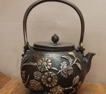 

Archaic Japan Iron Silver Gilt Chrysanthemum Flower Flagon Kettle Wine Tea Pot