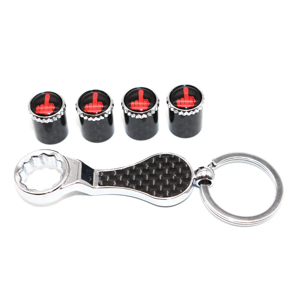 

5Pcs/Set Middle Finger Style Emblem Auto Car Wheel Tire Air Valve Caps With Wrench Keychain Carbon Fiber + Copper Stem Dust Cove