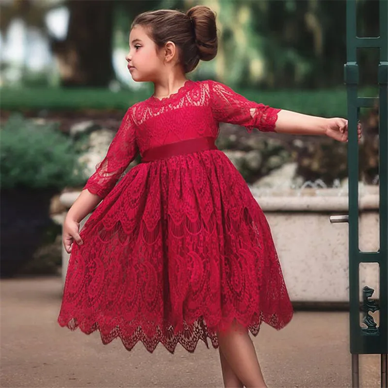 

Party Girls Dress Kids Girls Lace Dress Princess Party Costumes Photography Props 3-7T Red Beige White