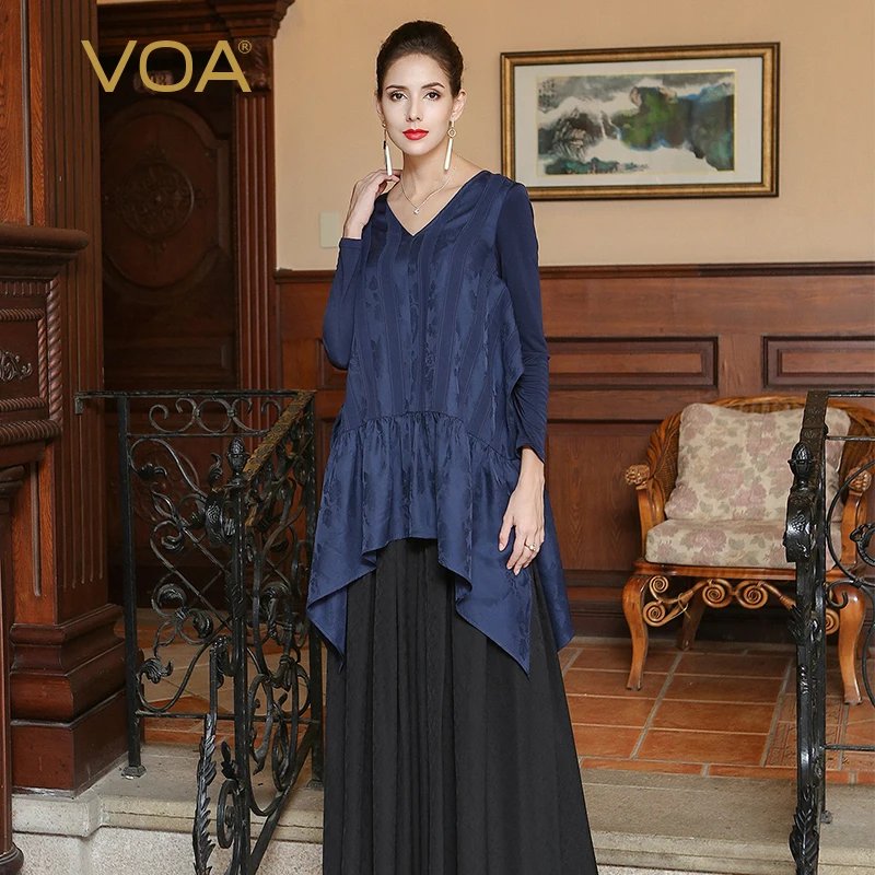 

VOA 2017 Autumn Navy Blue Long Sleeve Loose V Neck T Shirt Plus Size Sexy Silk Blouse Fashion Simple Women Tops BLA00601