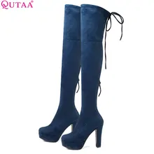 QUTAA/ г. Женская зимняя обувь ботфорты на платформе теплые женские сапоги на высоком каблуке, на шнуровке, на платформе Size34-43