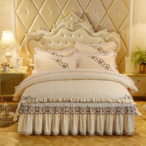 Комплект постельного белья из 4 предметов, роскошный Европейский комплект постельного белья, плотный хлопковый пододеяльник, юбка-кровать, наволочки, однотонный Комплект постельного белья размера King queen s - Цвет: Beige