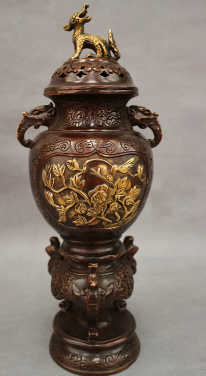 

588++12" Chinese Bronze Gilt Dragon Phoenix Head Statue Flower Incense Burner Censer
