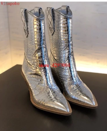 Spring New Cowboy Boots For Women Pointed Toe ankle Boots snake pattern Mid-calf Women Boots Chunky Wedges Boots Runway - Цвет: as the picture