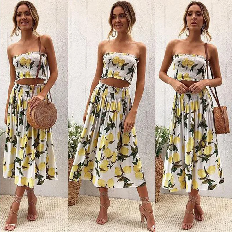 

Women's 2019 summer explosions hot fashion casual Printed lemon sunflower wrapped chest back trend tops skirt two-piece suit