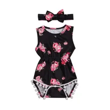 Комплект из 2 предметов для новорожденных, милая одежда для маленьких девочек хлопковый комбинезон без рукавов с цветочным рисунком, боди, Набор резинок для волос, красивая одежда