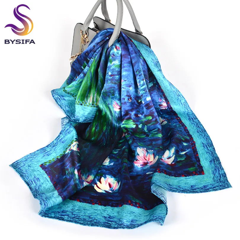 Темно-синий натуральный шелковый шарф для дам, фирменный дизайн, шарфы, весна-осень, Ван Гог, картина маслом, квадратные шарфы, обертывания, 90*90 см - Цвет: blue lotus
