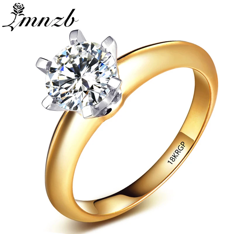 

LMNZB Original 18KRGP Stamp Yellow Gold Color 2 Carat Solitaire Zirconia Ring Wedding Gift Jewelry for Women LR16901