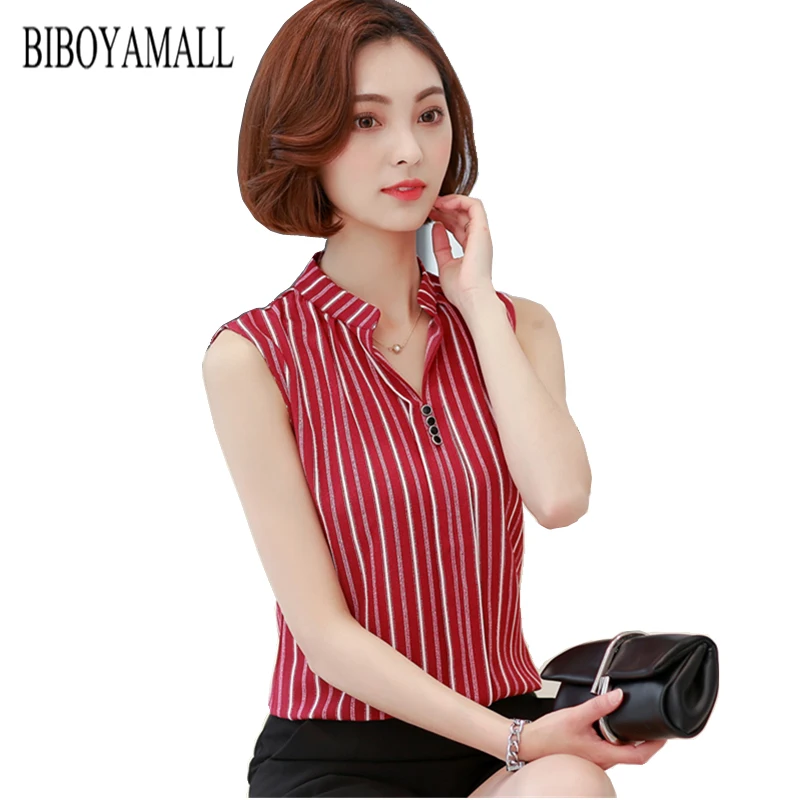 Prix BIBOYAMALL Femmes Blouse Mode 2017 D été En Mousseline de Soie Blouse Plus La Taille Sans Manches Imprimer Casual Shirt Tops Femmes Travail V cou Blouse