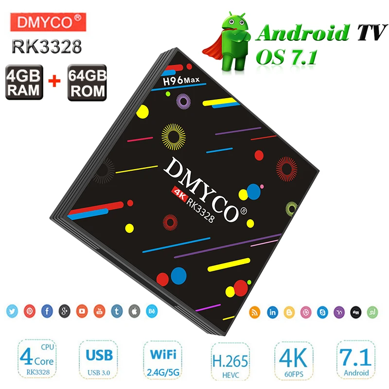

DMYCO H96 Max Android 7.1 Smart TV Box Bluetooth 4.0 4G 64G RK3328 Quad Core 4K 2.4G/5G Dual WiFi HDR10 USB 3.0 Media Player