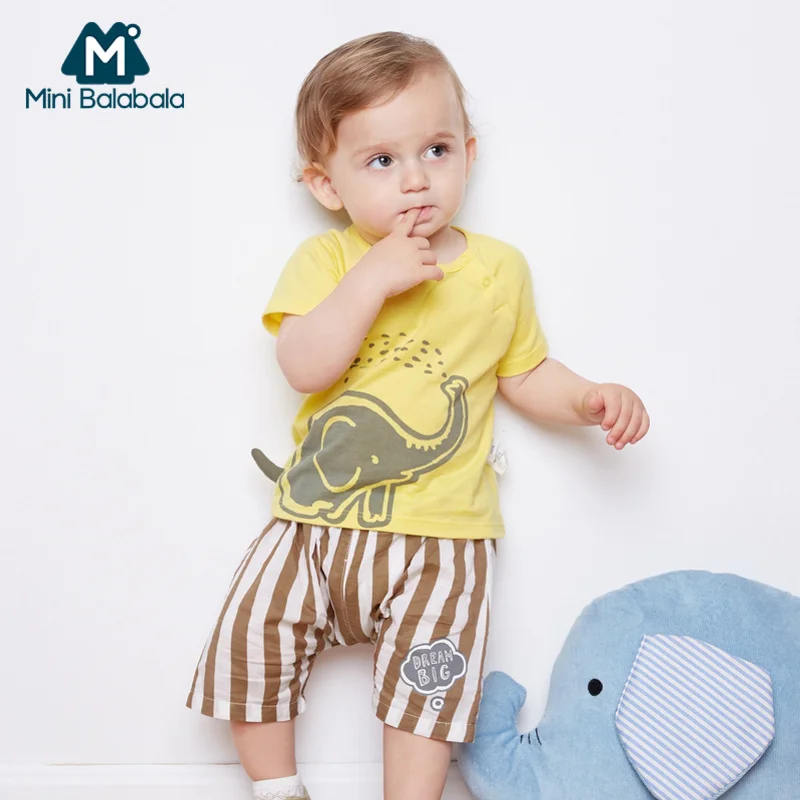 

Mini Balabala Baby 2-Piece 100% Cotton Elephant Short-sleeved T-shirt Snap Closure + Pants Set Infant Newborn Baby Boy Outfit