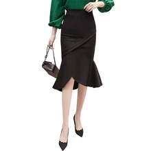 Элегантные женские юбки с высокой талией и оборками, однотонные облегающие зимние модные офисные женские юбки средней длины большого размера