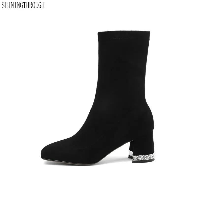 

women suede leather ankle boot genuine square leather toe ladies boots thick high heel shoes large size 34-44