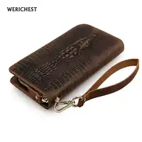 Hot selling brand men genuine leather wallet cowhide leather crocodile wallets with hand strap clutch purse