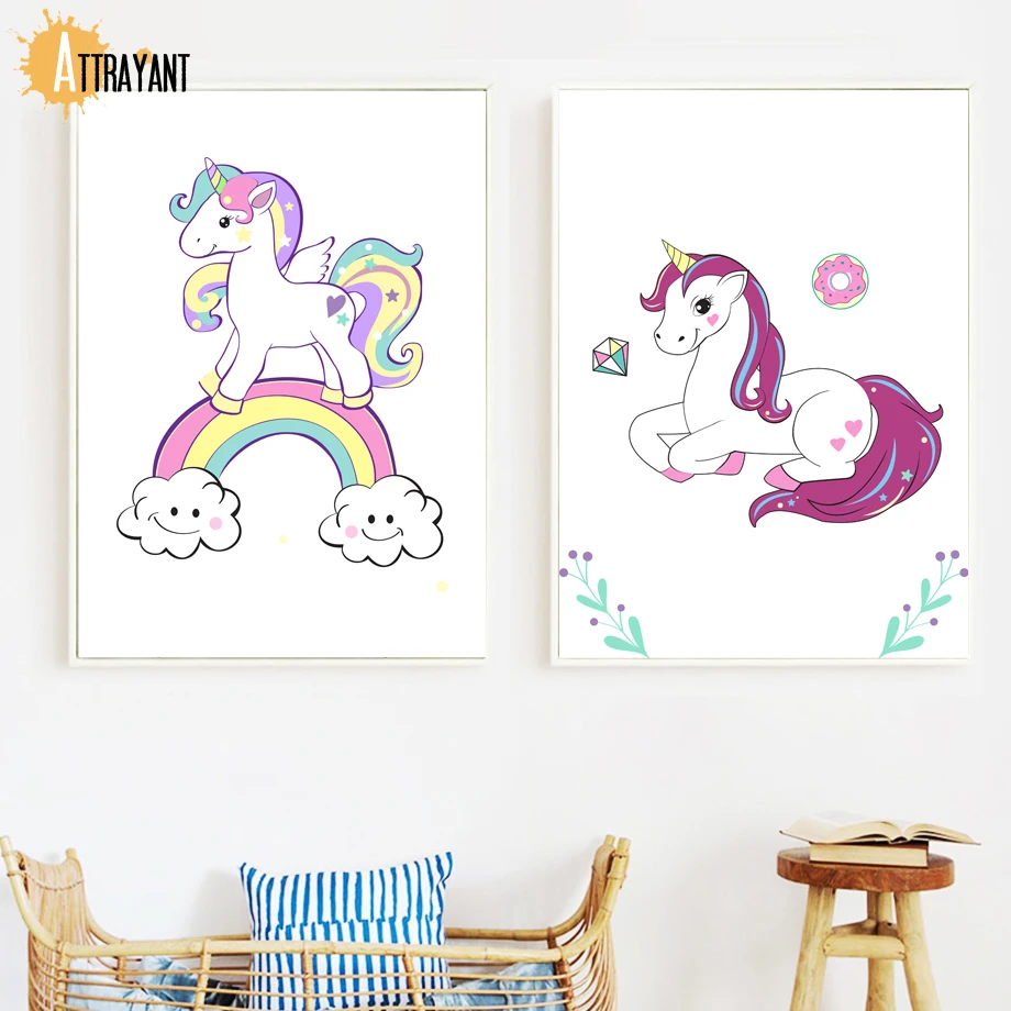 

Cartoon Unicorn Diamond Rainbow Clouds Wall Art Canvas Painting Nordic Posters And Prints Wall Pictures Kids Room Nursery Decor