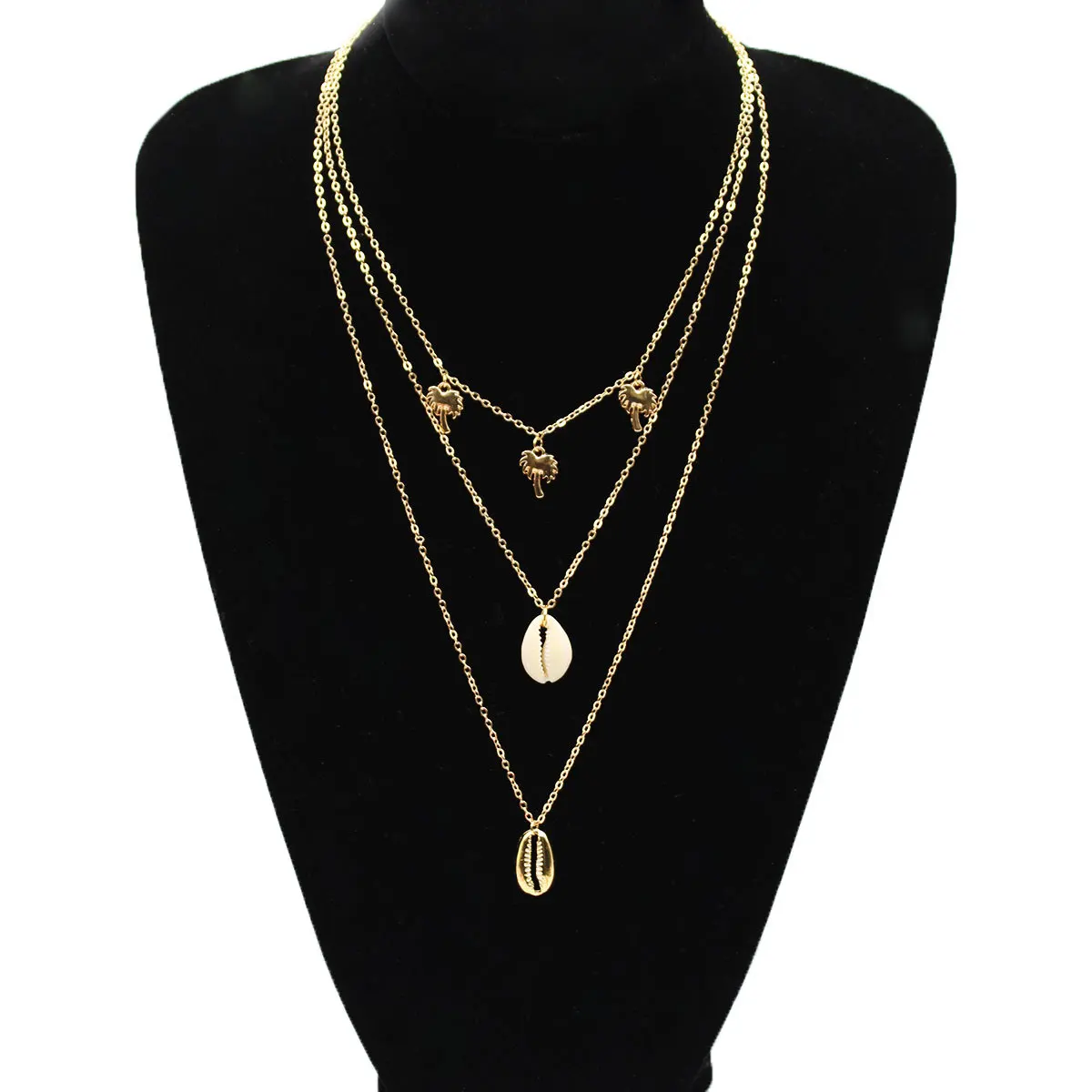 

Simple Bohemian Palm Tree Shell Necklace Pendants Women Multilayer Gold Silver Long Chain Necklaces