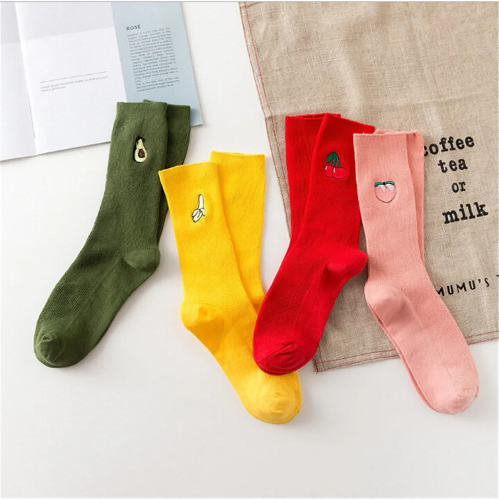 1Pair of Socks Fruit Embroidery Womens Socks Cotton Long Colorful Cute Embroidery Fashion Fruit
