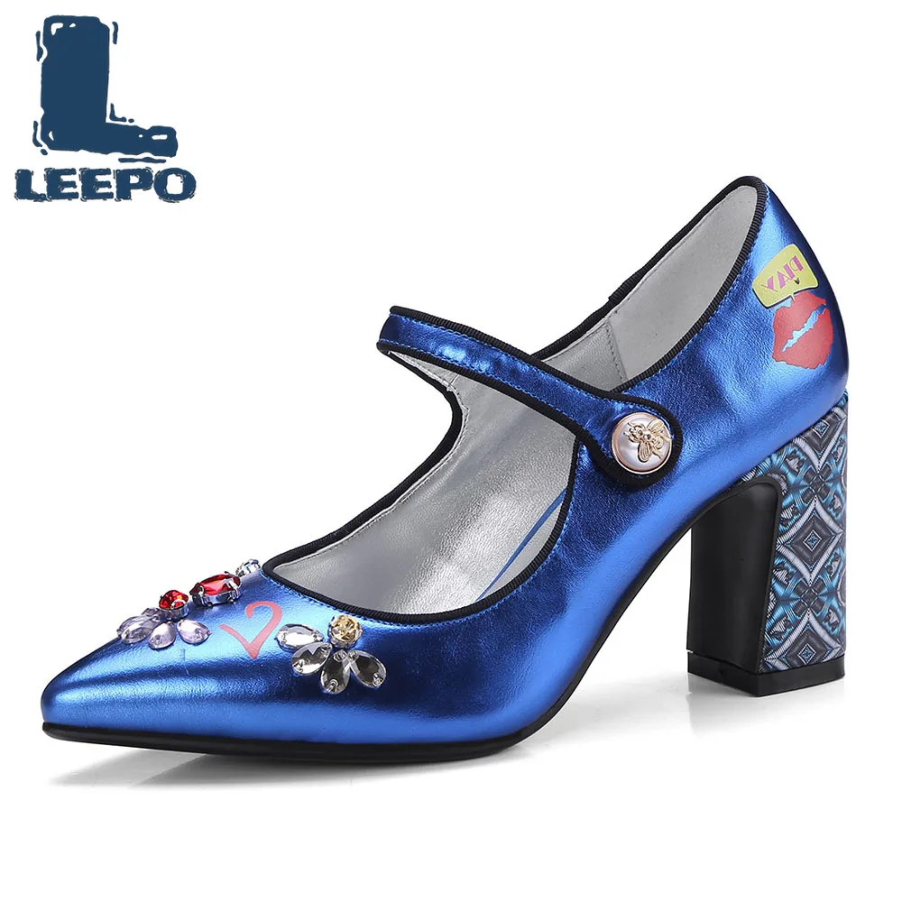

LEEPO Mary Jane Shoes Woman High Heels Ladies Crystal Luxury Designer Blue Pumps Women Pointed Toe Block Heels Female Pumps 8CM