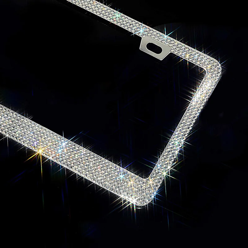 Bling Crystal License Plate Frame Women Luxury Handcrafted Rhinestone Car Frame Plate with Ignition Button For USA Canada Truck