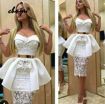 

White Ivory Muslim Evening Dresses Off the Shoulder Knee Length Illusion Islamic Dubai Saudi Arabic Evening Gown Boho Prom Dress