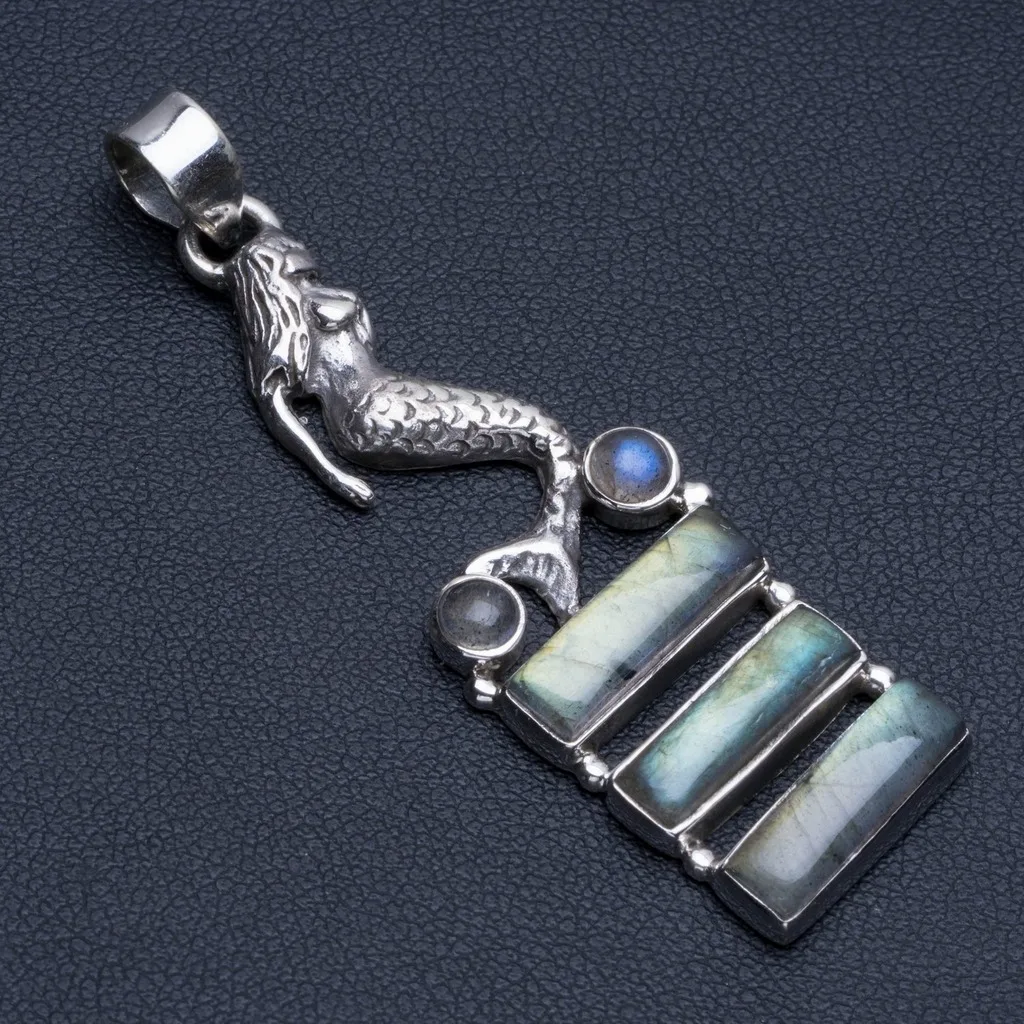 

Natural Blue Fire Labradorite Punk Style 925 Sterling Silver Pendant 2 1/4" R0524