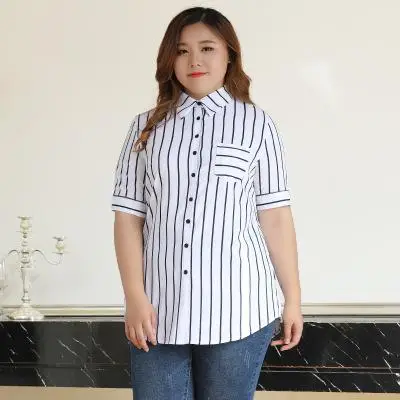 Большие размеры 10XL 8XL 6XL 4XL Женская одежда с коротким рукавом черные белые полосатые Изящные блузки OL топы для работы Blusas Formales Para Mujer - Цвет: White
