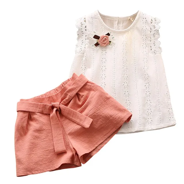 Summer Girls Clothing Set Child Sleeveless Floral T-shirt Top + Solid Color Shorts 2PCS Fashion Cotton Baby Girl Clothes Set 1