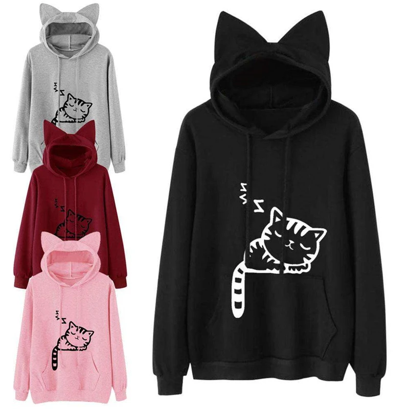 

2019 New Cats Print Sweatshirt For Women Autumn Winter Clothes Hooded Hoody Lady Streetwear Women's pullover tops