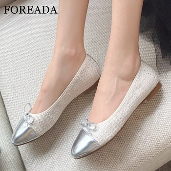 

FOREADA Women Ballet Flats Shoes Natural Genuine Leather Mixed Colors Flat Boat Shoes Bow Round Toe Loafers Shoes Ladies Size 40