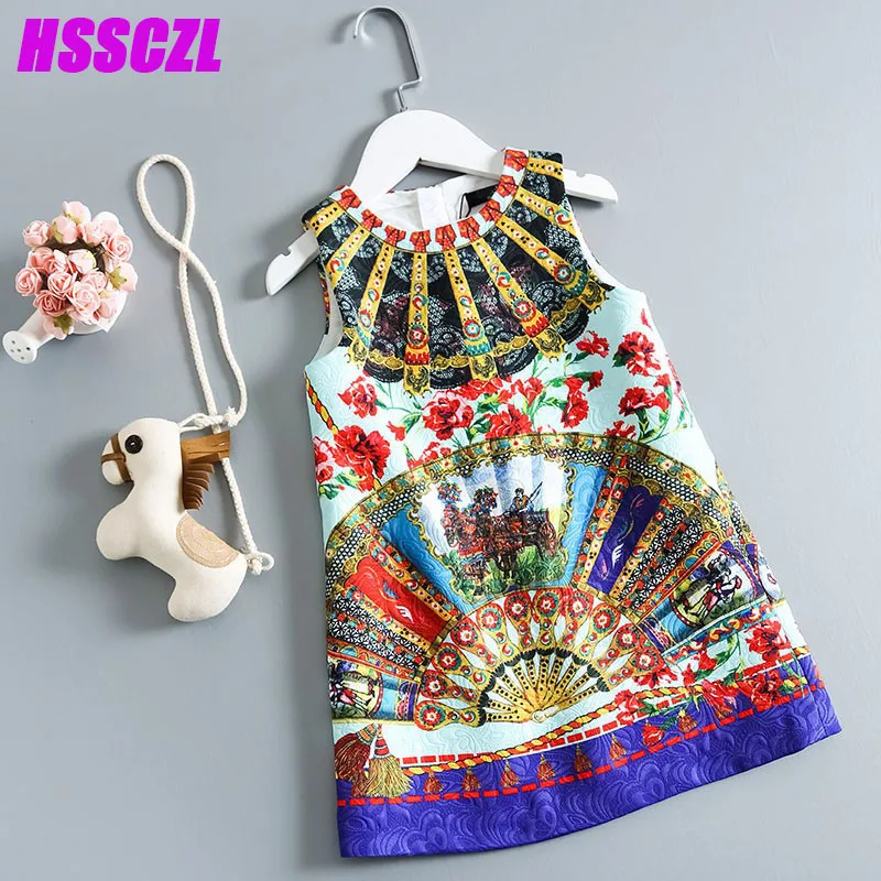 

2017 new girl dresses children spring autumn sleeveless girls dress high-end brand printing flowers decorated polyester + cotton