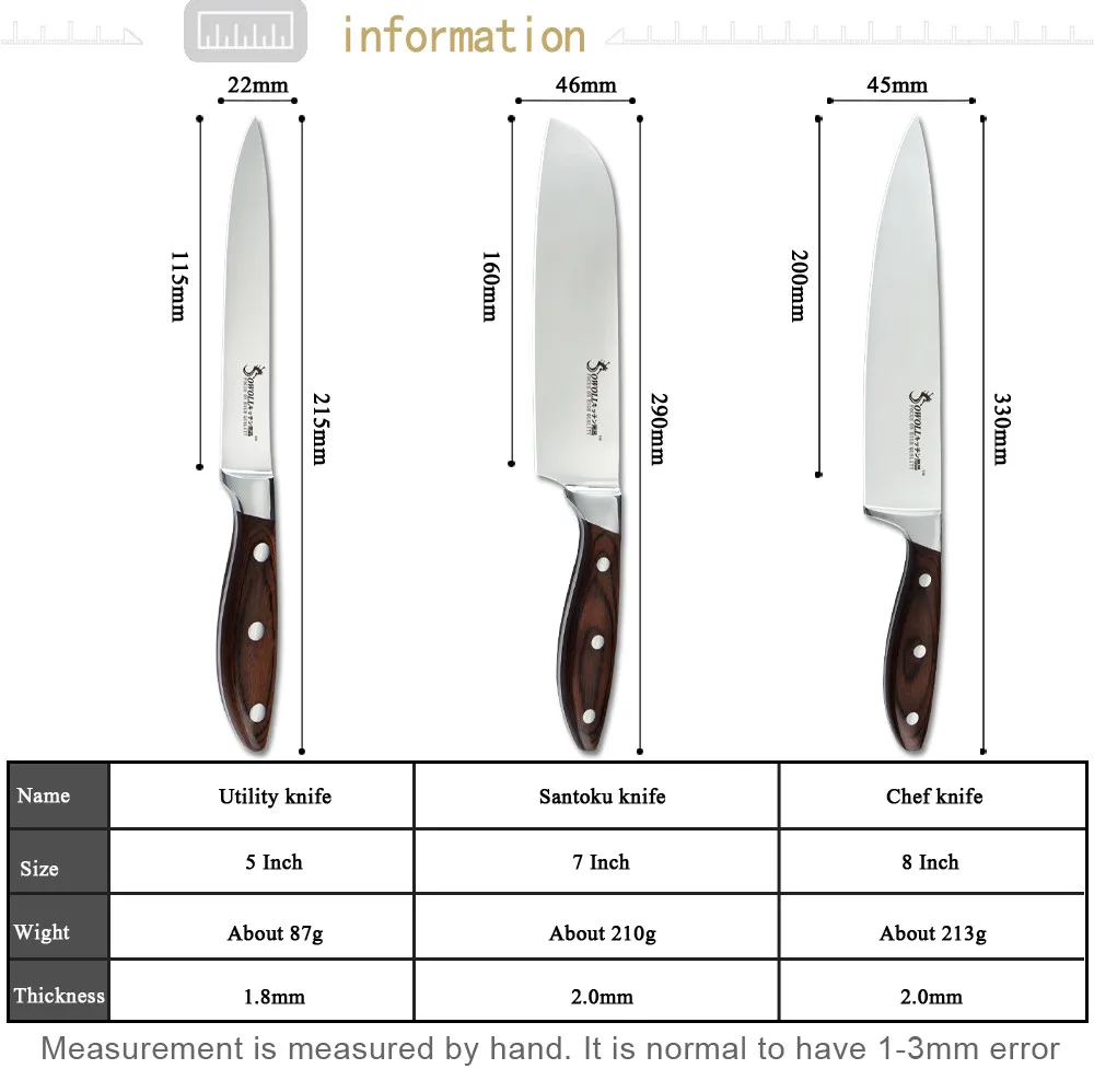 Sowoll 3pcs Chef Knife Set Stainless Steel 7cr17 Sharp Blade Bend Handle Color Wood 7'' Santoku 5'' Utility Knife Cooking Tools