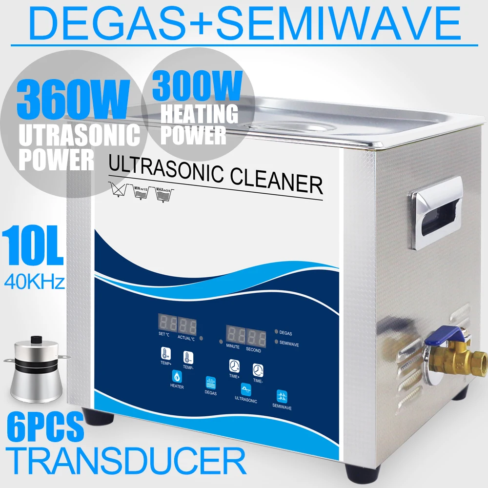 10L Ultrasonic Cleaner Bath Degas Heater 360W/240W Semi Wave Mode