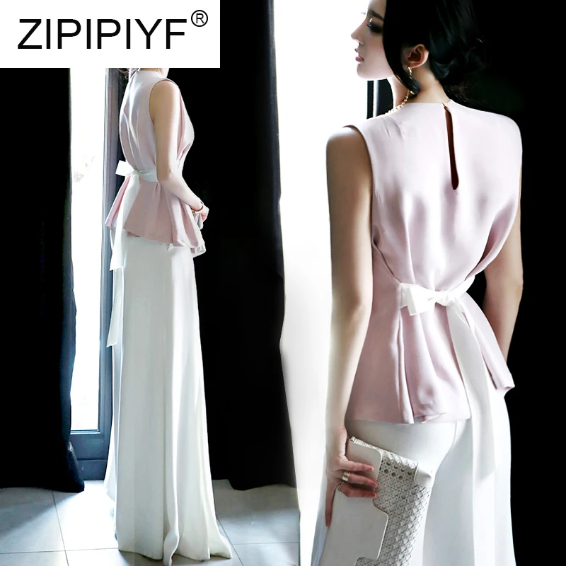 

Elegant Female Suit Sets 2019 Summer Temperament OL Two-piece Sets Solid Color Slim Waist Sleeveless Blouse+Wide Leg Pants C1732