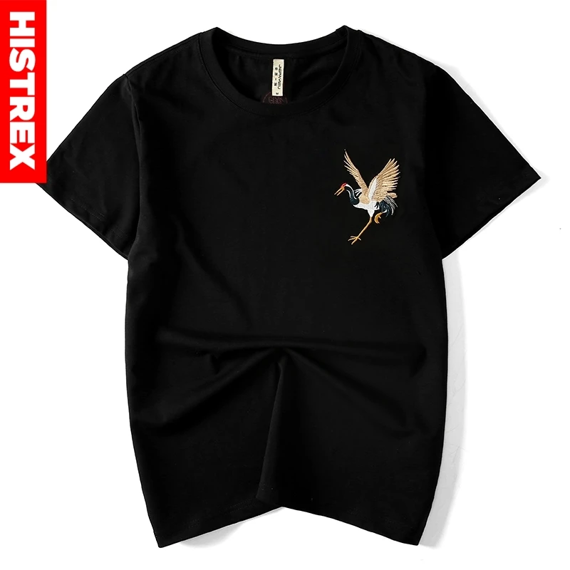 Высокое качество вышивка животное "Китайский журавль рыба" мужские футболки хип-хоп Японский китайский стиль Одежда Футболка 5XL