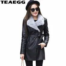 TEAEGG Meduim длинные черные из искусственной кожи Куртка женская зимняя обувь пальто женская одежда толстый кролик меховой воротник кожаные куртки AL98