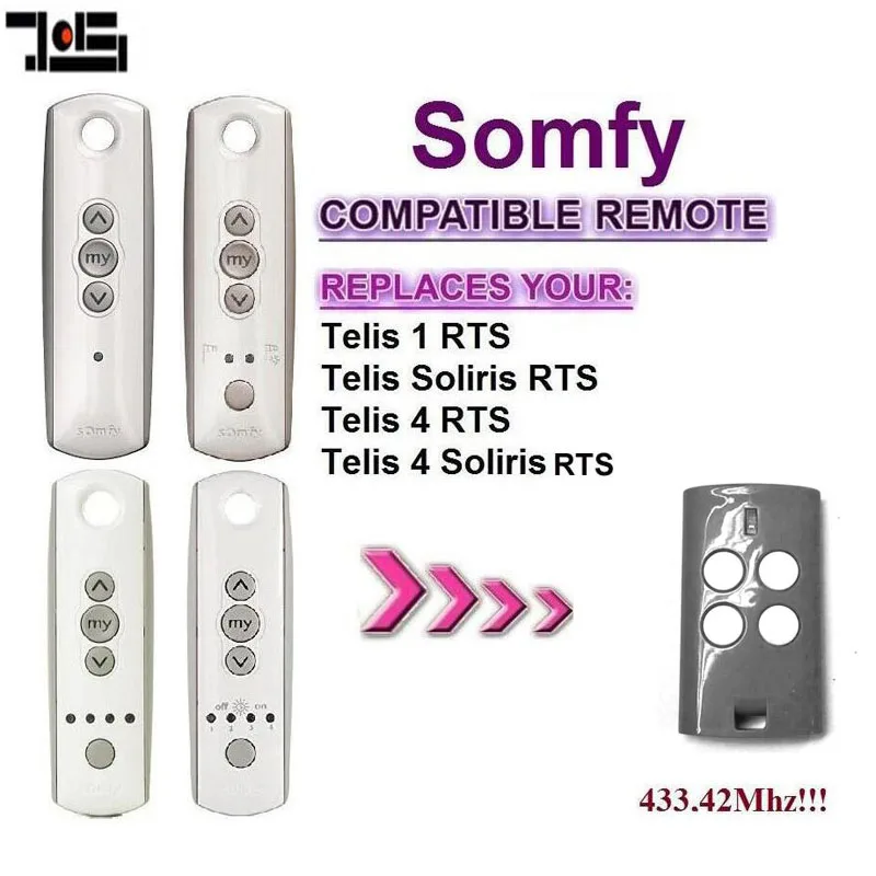

For Somfy Telis 4 RTS, Somfy Telis 4 Soliris RTS compatible garage door remote control 433,42Mhz