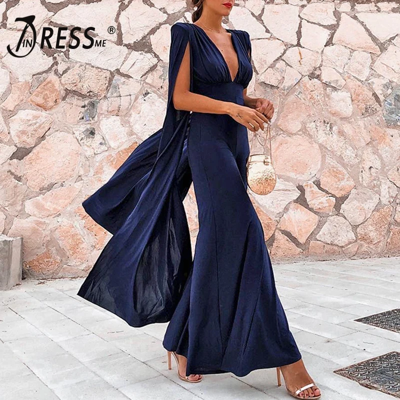 

INDRESSME 2019 New Arrival Bodycon Solid Deep V Neck Backless Cloak Sleeve Hollow Out Full Length Sexy Club Party Sexy Jumpsuit