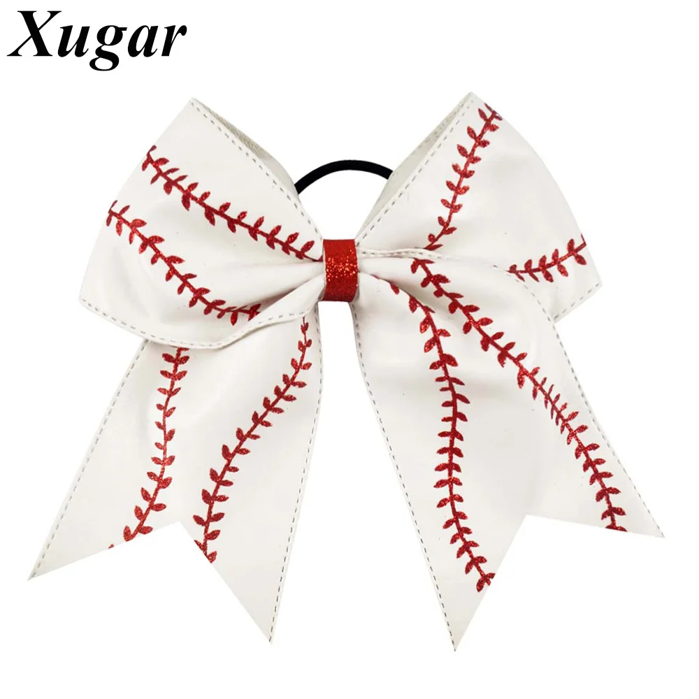 

7" Leather Baseball Cheer Bow With Elastic Band Softball Hair Bow For Cheerleaders Girl Hair Accessories