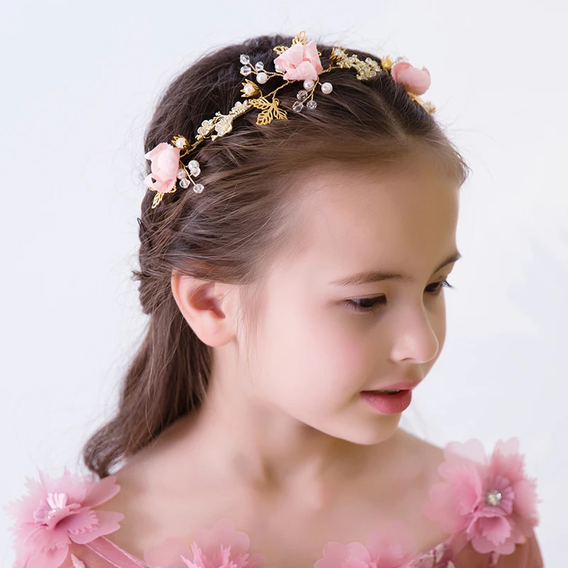 Pink Flower Girls Headband Hair Accessories for Wedding Handmade Beaded