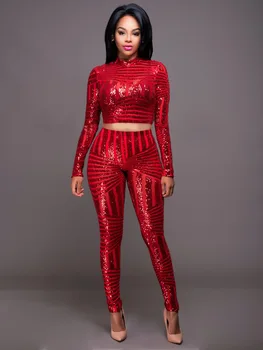 

Free Limited Real Full Shipping Europe Spring And Summer 2019 Fashion Temperament Sequin Slim Package Hip Long Sleeve Two-piece