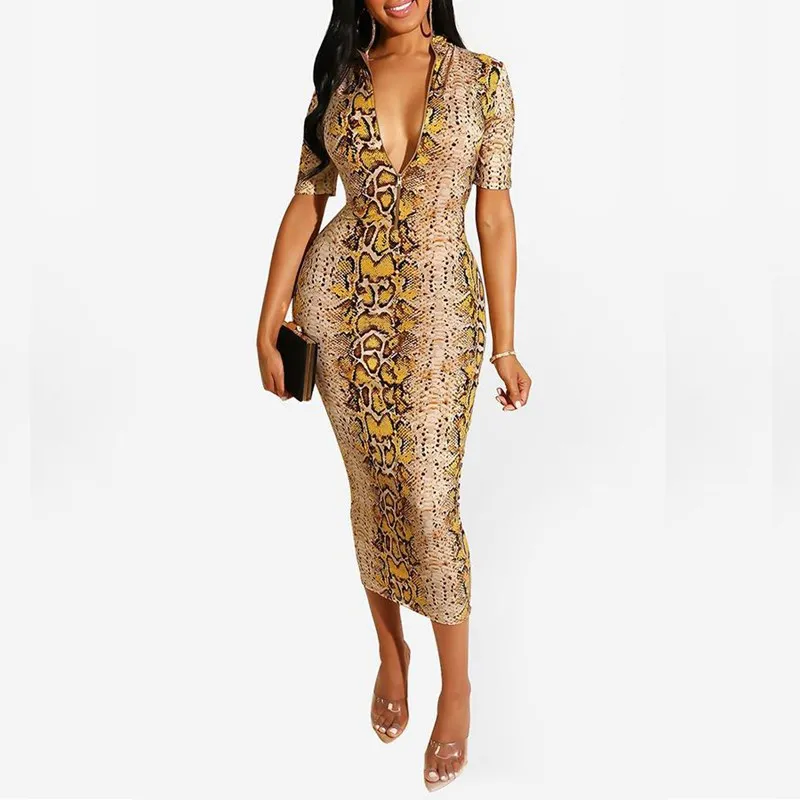 

2019 Snake Skin Print Sexy Bandage Dress Women Deep V Neck Short Sleeve Package Hip Dress Summer Front Zipper Mid Dress