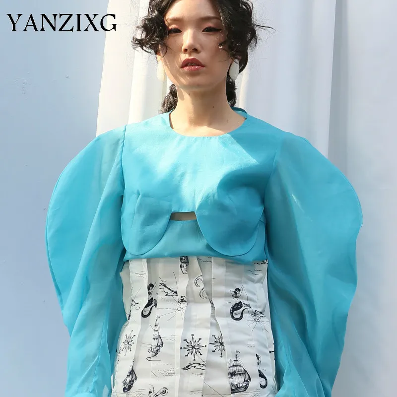 

2019 New Summer Women Clothes Fashion Circle Cuted Lantern Sleeves Organza Round Neck Sexy Female Top R746