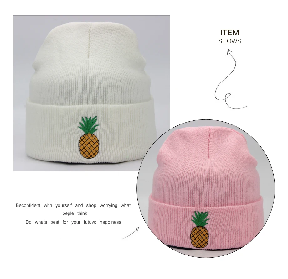 ADK Lady Knitted Hat With Embroidery Pineapple Acrylic Boys Girls Beanie Outdoor Leisure Caps For Women's (6)