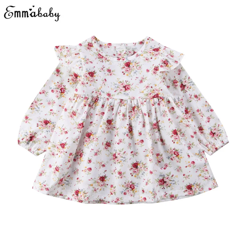 Платье для новорожденных девочек; платье с цветочным принтом и длинными рукавами; платье с оборками; милое платье принцессы для девочек; платье-пачка для рождественской вечеринки